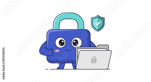 Cute Padlock Mascot with Folder for Secure Document Storage and Data Privacy