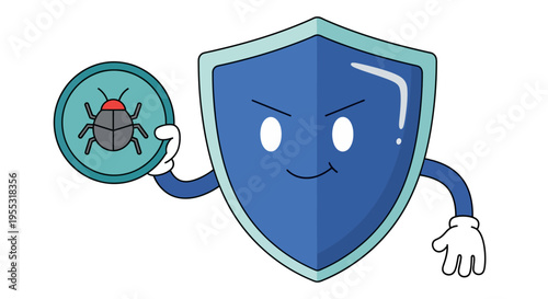 Shield Mascot Holding Bug Icon for Antivirus and Cybersecurity Protection