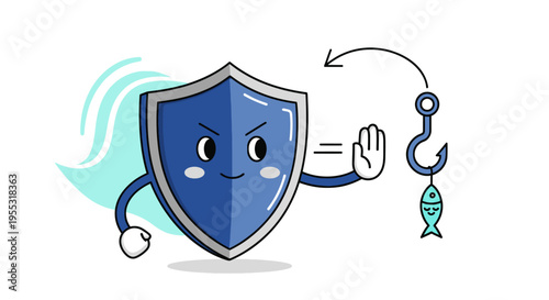 Shield Mascot Rejecting Fishing Hook for Anti Phishing Online Scam Defense