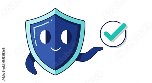 Smiling Shield Mascot with Checkmark for Safety Verification and Approval