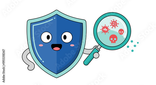 Shield Mascot Examining Viruses with Magnifying Glass for Threat Detection