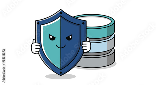 Shield Mascot Giving Thumbs Up Next to Databases for Secure Data Management