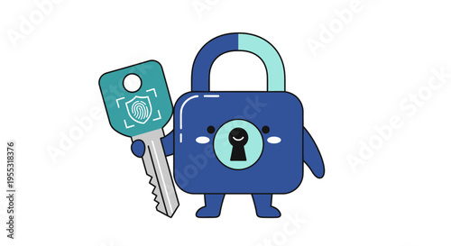 Cute Padlock Mascot Holding Key with Shield Emblem for Secure Access Control