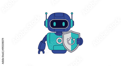 Robot Mascot Holding Shield with Refresh Symbol for Automated Data Protection