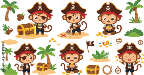 Pirate Monkey Adventure Set with Treasure, Coins, Maps, and Pirate Flags for Kids' Cartoon, Cute Animal Illustrations