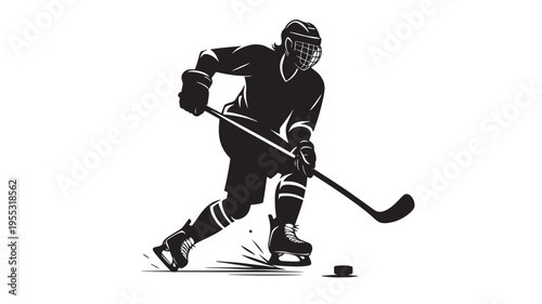 Hockey player in action silhouette with stick and puck on ice, dynamic pose during a game, representing sport and competition