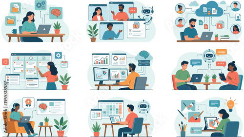 Remote Work, AI Collaboration, and Data Analysis with Cloud Computing and Virtual Meetings in Digital Office Environments