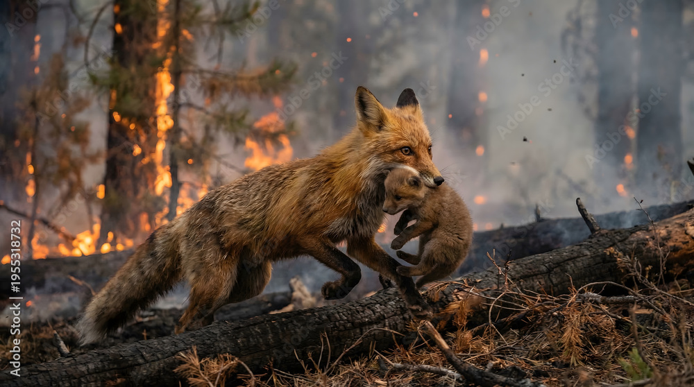 Fototapeta premium Mother Fox Carrying Baby During Wildfire Escape