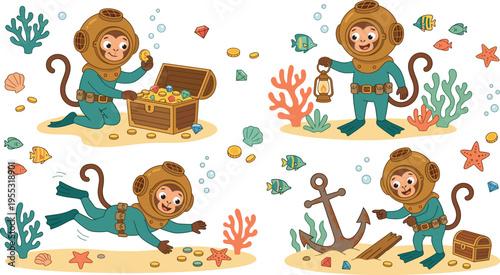 Underwater Diving Monkey Icon Set with Treasure Hunting, Lanterns, Anchors, and Sea Creatures for Kids’ Illustrations and Designs