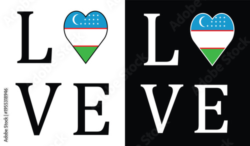 I Love Uzbekistan Typography Vector Heart Shape Flag and Text Illustration Set