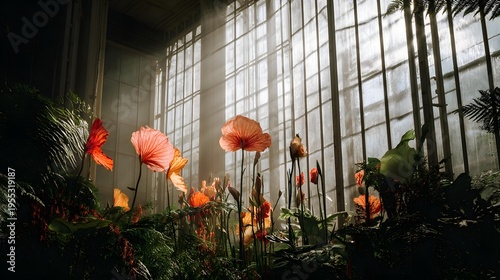garden filled with exotic flowers in multiple bright hues, sunlight filtering through leaves