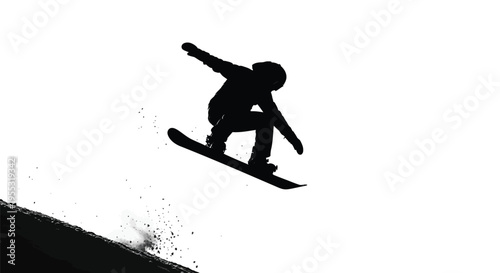 Dynamic silhouette of a snowboarder captured mid-air performing an impressive jump over a snow bank.