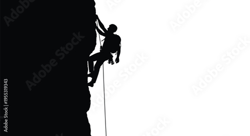 Silhouette of a brave adventurer rappelling down a dangerous cliff face during an exciting outdoor expedition.