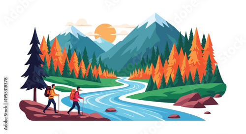 Two hikers with backpacks and trekking poles walk along a river in the autumn wilderness mountains