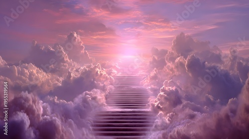 stairway leading into clouds, soft glowing edges, surreal sky background