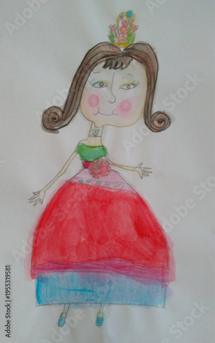 Cute child's drawing of a princess with a crown in a colorful dress. Hand drawn naive art illustration isolated on white background.