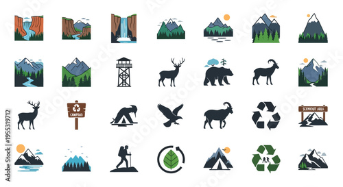 Collection of nature and outdoor adventure icons featuring wildlife mountains and camping elements