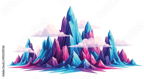 Vibrant fantasy landscape with sharp, crystalline mountains in blue, purple, and pink hues amidst soft clouds.