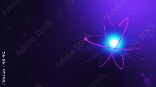4K Purple Tech Quantum Core Header. Neon Magenta Atomic Nucleus with Glowing Orbits and Left-Aligned Copy Space.