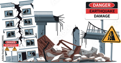 Earthquake disaster damage scene with collapsed buildings cracked ground warning signs rubble destruction vector illustration
