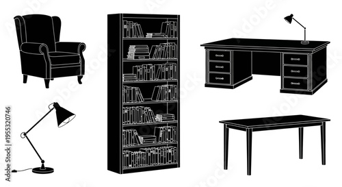 Modern home office furniture set with desk bookshelf chair and lamps on white background illustration