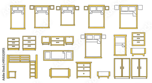 Bedroom Furniture Top View Vector Set – White Bed Frame Layout Symbols for Interior Floor Plans Yellow Outline
