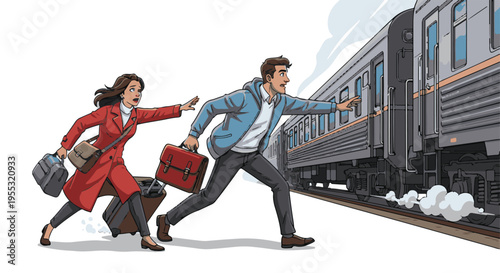 Man and woman rushing to catch train with luggage in hand