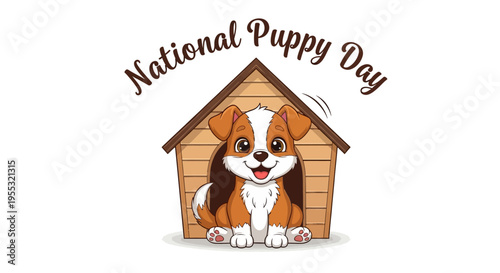 Illustration of a cute puppy sitting in a doghouse with 'National Puppy Day' written above, celebrating puppy adoption awareness with a playful lifestyle.