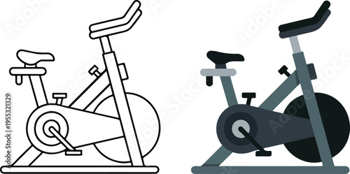Set of two stationary exercise bike icons in outline and flat styles for fitness gym workout and indoor cycling cardio training vector illustration isolated on white background.