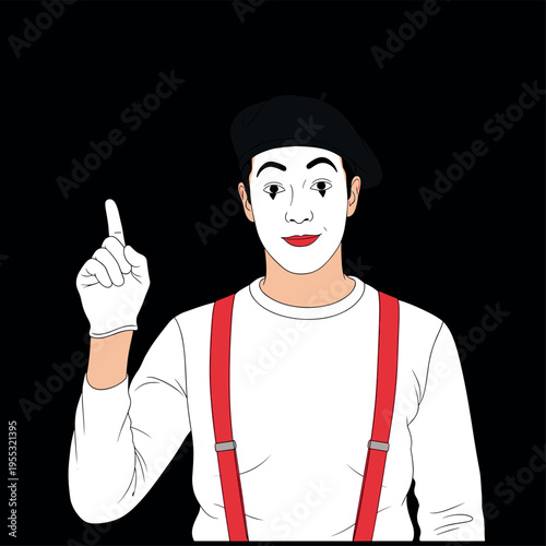 Mime Artist with White Face Paint Beret and Red Suspenders Pointing Up Vector Illustration