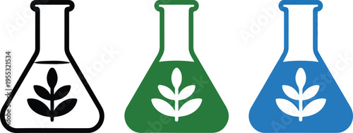 Set of lab flask icons with leaf symbols representing organic chemistry natural science and eco friendly laboratory research vector illustration isolated on white background.