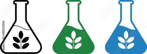 Set of lab flask icons with leaf symbols representing organic chemistry natural science and eco friendly laboratory research vector illustration isolated on white background.