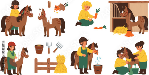 Horse care activities set with kids feeding grooming riding and stable farm work cartoon vector illustration collection for agriculture and animals