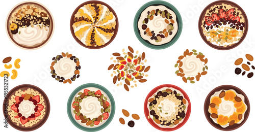 Healthy oatmeal bowls with fruits nuts and seeds set, top view breakfast porridge vector illustration collection