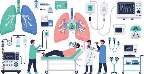 Hospital respiratory care concept with doctors treating patient using ventilator and medical equipment, lungs illustration, intensive care unit healthcare vector scene