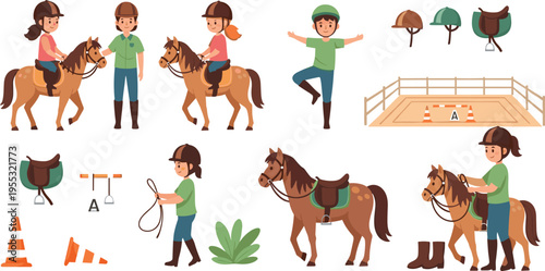 Horse riding training set with rider, pony and equestrian equipment, kids learning horseback skills, stable activities and jumping practice vector illustration collection