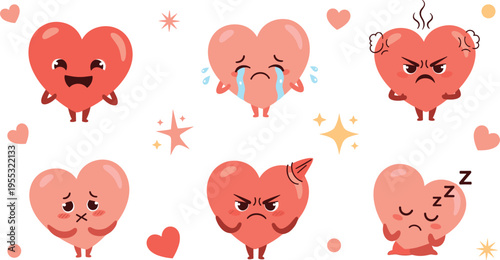 Cute heart character emotions set with happy sad angry crying sleepy expressions kawaii cartoon love icons for sticker mascot design