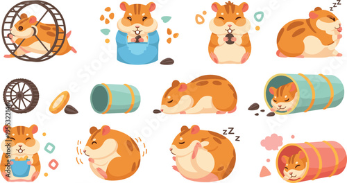Cute hamster set with different poses and activities, adorable pet cartoon vector illustration collection