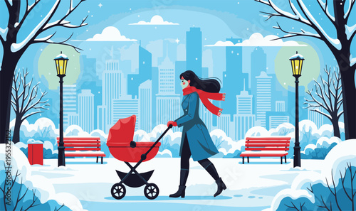 A woman pushing a stroller through a snowy city park