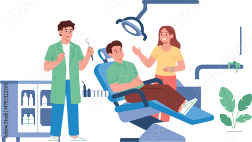 Professional male dentist treating patient in dental chair with assistant and medical equipment in modern clinic flat vector illustration.