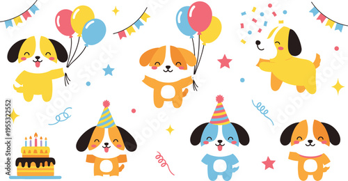 Cute puppy birthday party set with balloons, cake and festive decorations, cartoon dogs celebrating holiday event, adorable pet characters vector illustration