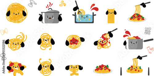 Cute pasta cooking process set with spaghetti characters, funny cartoon food preparing stages, Italian cuisine concept with pots and dishes vector illustration
