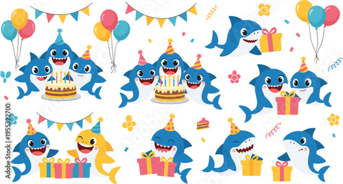 Cute sharks birthday party set with cake, balloons and gifts, cartoon sea animals celebrating holiday, fun marine characters vector illustration for kids design