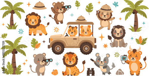Cute safari animals adventure set with lion, tiger and jeep, cartoon wildlife characters exploring jungle, fun travel and exploration vector illustration for kids design