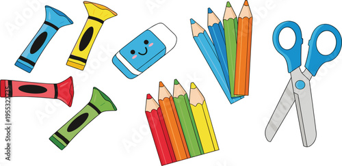 Colorful School Stationery Illustration Set Featuring Crayons, Colored Pencils, Scissors and Cute Eraser for Kids Art and Education Design

Keywords: