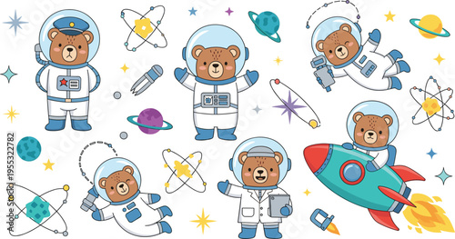 Cute teddy bear astronauts set with space elements, cartoon animals in spacesuits and rocket vector illustration collection