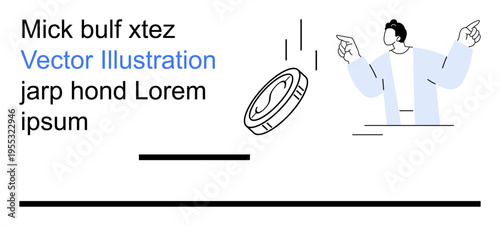 Business decision-making, finance, risk-taking, choices, opportunity, minimalism. A person gesturing towards a spinning coin in motion. Business decision-making and finance concept