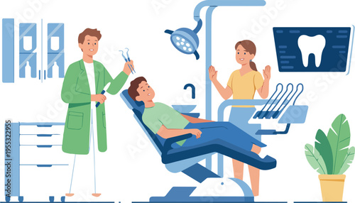 Professional male dentist treating patient in dental chair with assistant and medical equipment in modern clinic flat vector illustration.