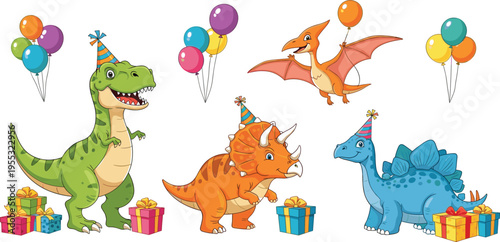 Cute Dinosaur Birthday Party Illustration Set Featuring T Rex, Triceratops, Pterodactyl, Balloons, and Gift Boxes
