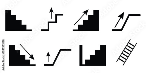 Stairs and ladders icon set. Climb up and down stairs sign. Black stairs icon on white background. Architecture outline shapes for collage, escalator, moving stairs, and more. Vector illustration.